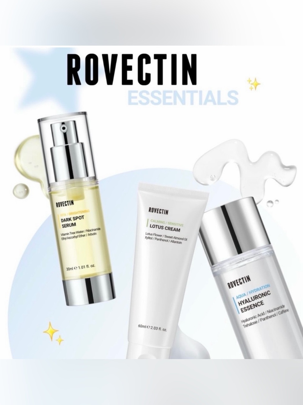 ROVECTIN 3-Piece Skincare - Hyaluronic Acid, Lotus Cream, Dark Spot Serum  NIB